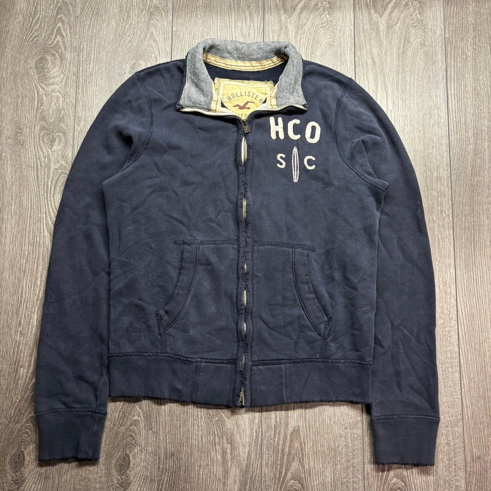 Hollister California Mens XL Navy Blue Full Zip Sweatshirt Y2K Distressed HCO SC